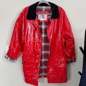 Vintage Gitano Outerwear Red Vinyl Raincoat Jacket with Plaid Lining